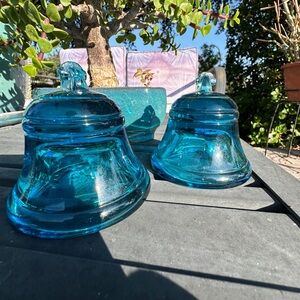 Pioneers of America Telephone Blue Glass Bell Paperweight Insulators Set of 2
